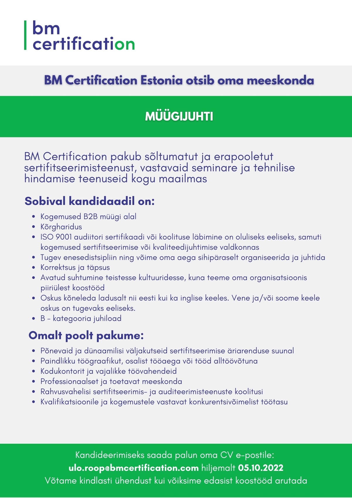 BM CERTIFICATION ESTONIA OÜ Müügijuht