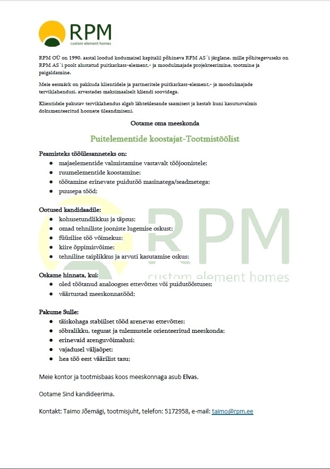 RPM OÜ Puitmajaelementide koostaja-Tootmistööline