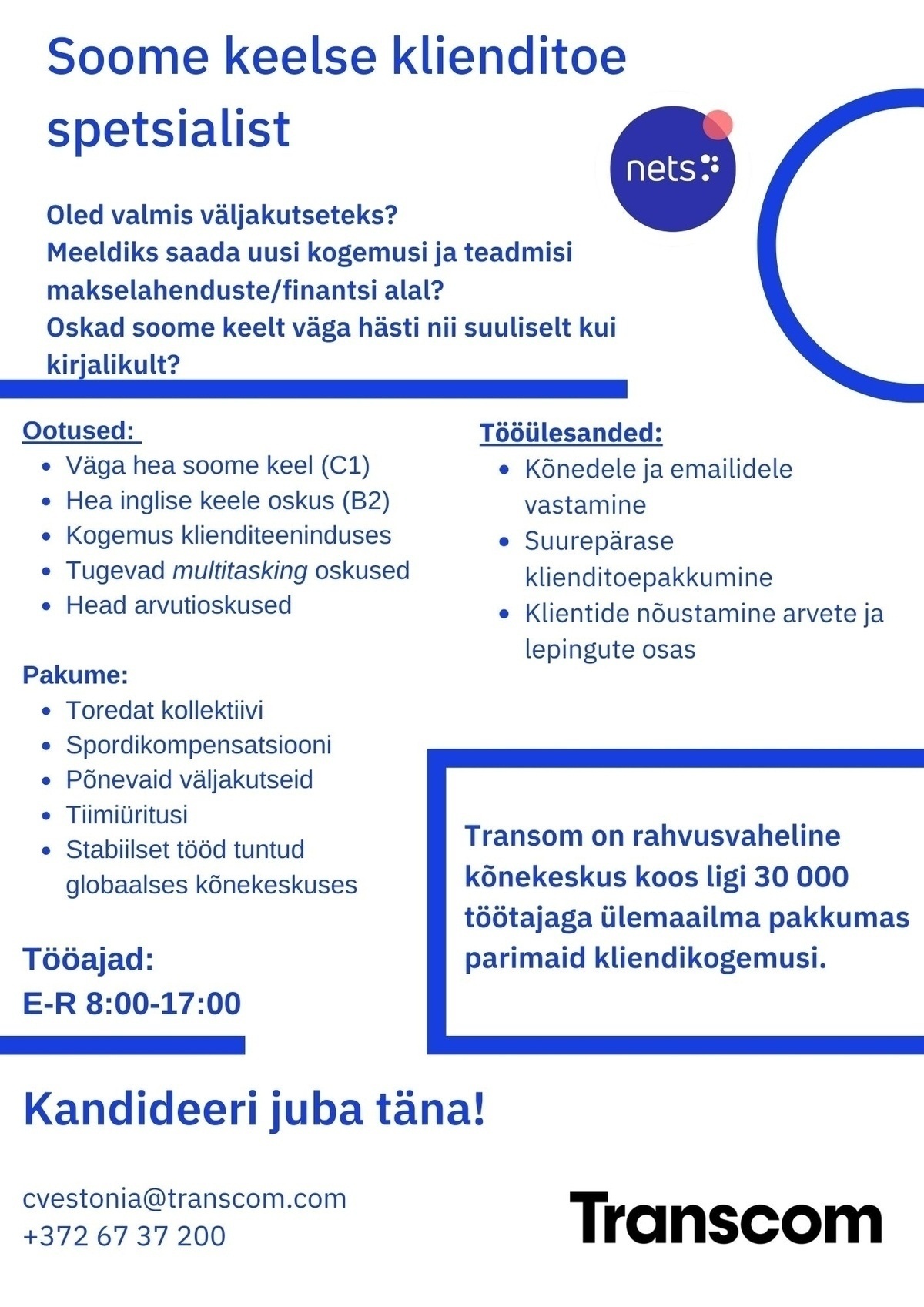 Transcom Eesti OÜ Soome keele oskusega klienditoe spetsialist