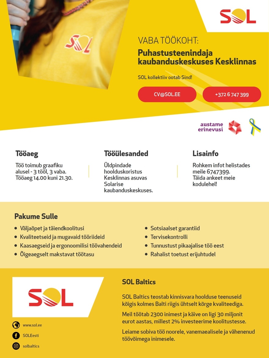 SOL Baltics OÜ Puhastusteenindaja kaubanduskeskuses Kesklinnas