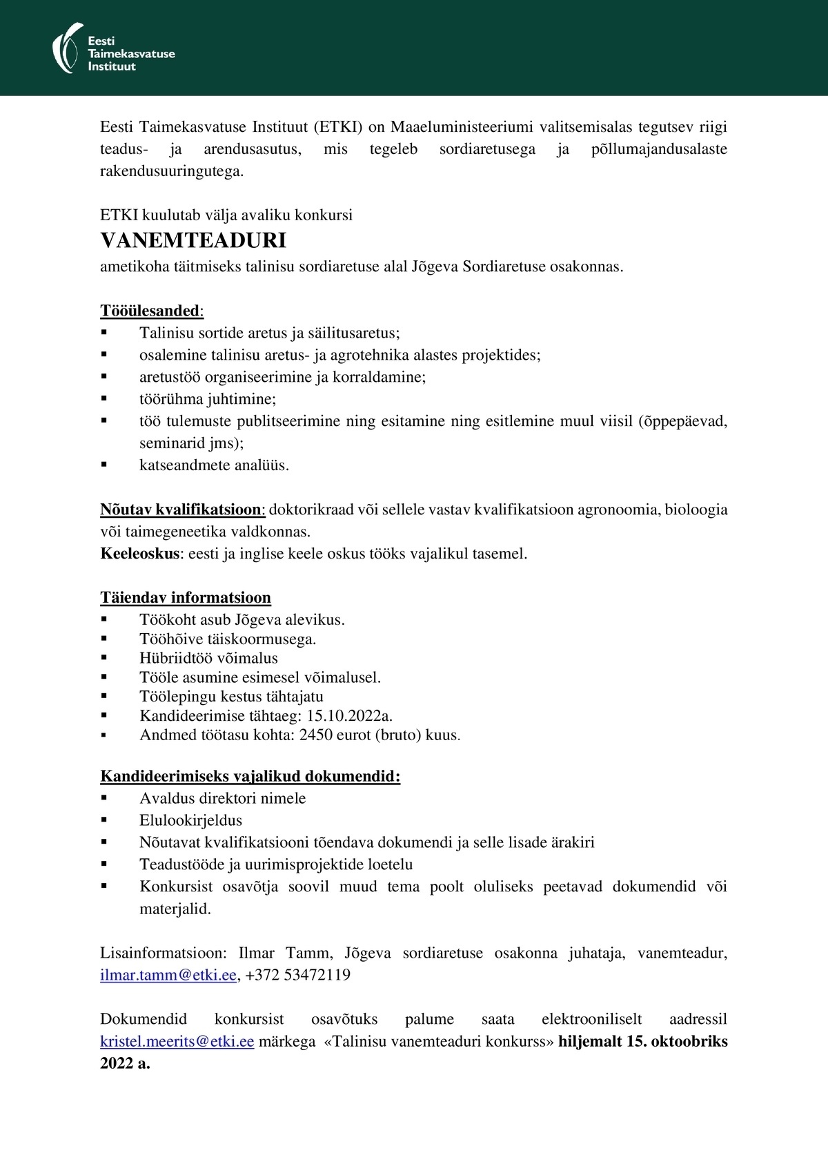 Eesti Taimekasvatuse Instituut Vanemteadur