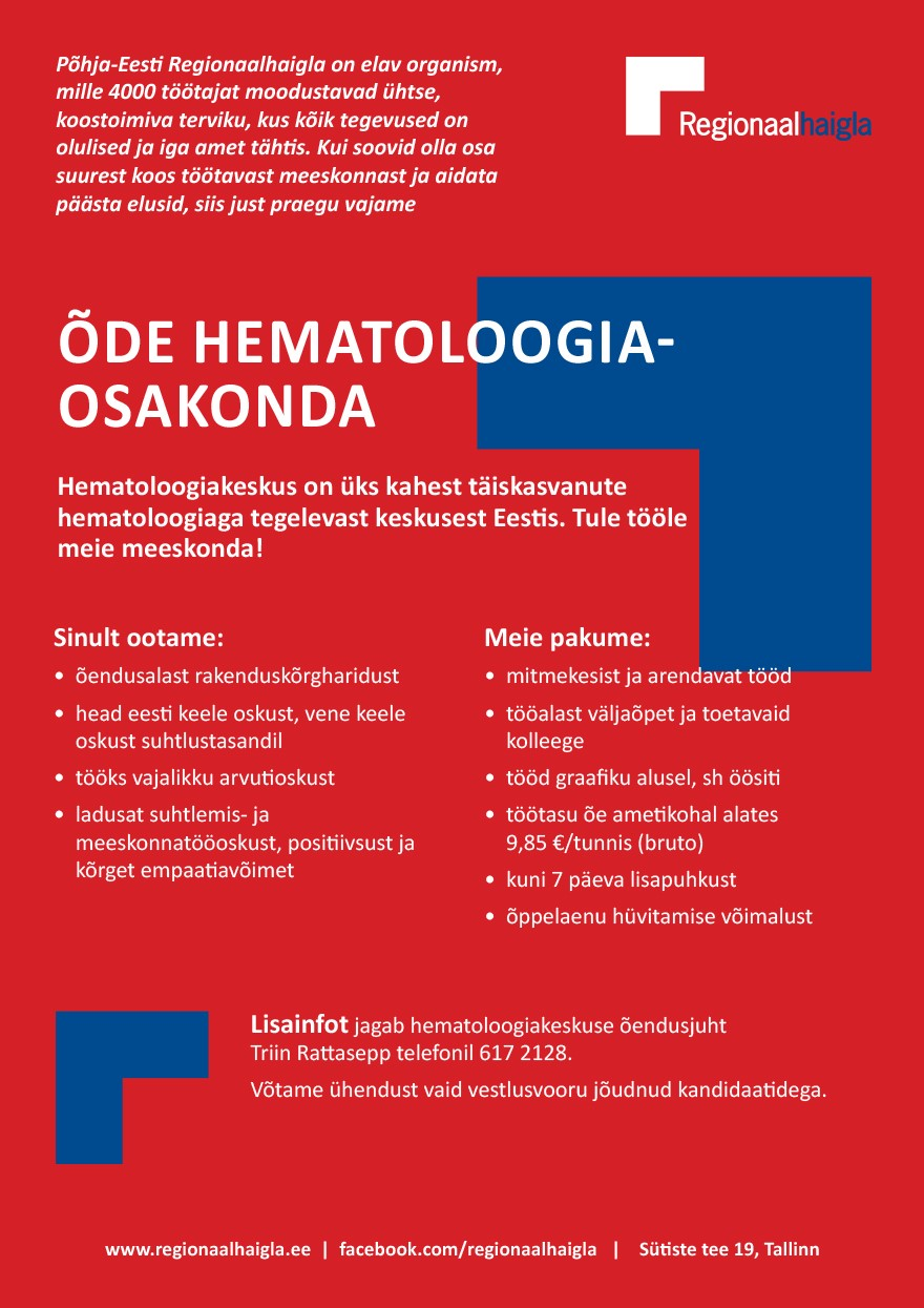 Põhja-Eesti Regionaalhaigla Õde hematoloogiaosakonda