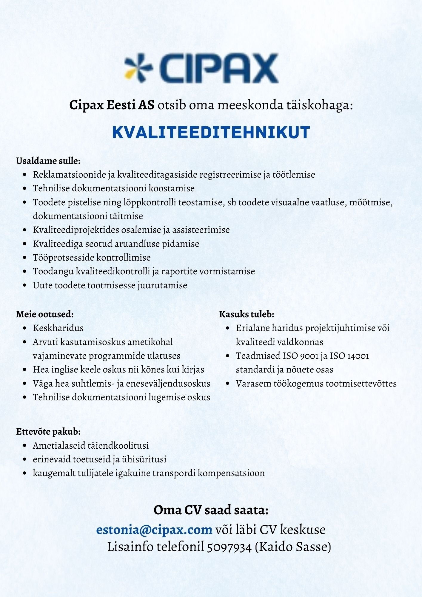Cipax Eesti AS Kvaliteeditehnik