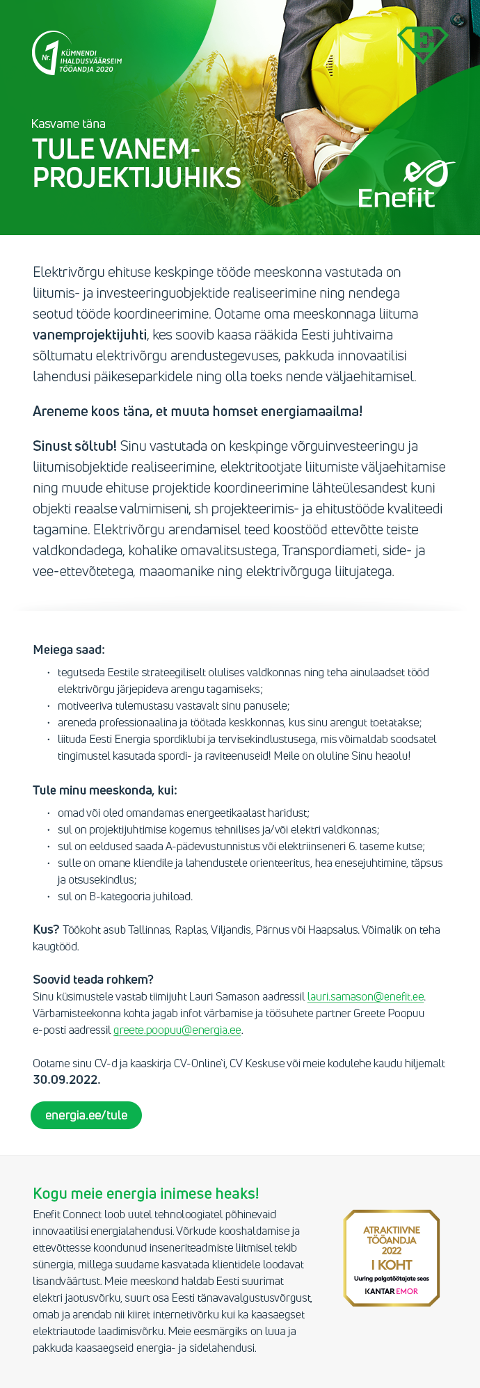 Eesti Energia AS VANEMPROJEKTIJUHT