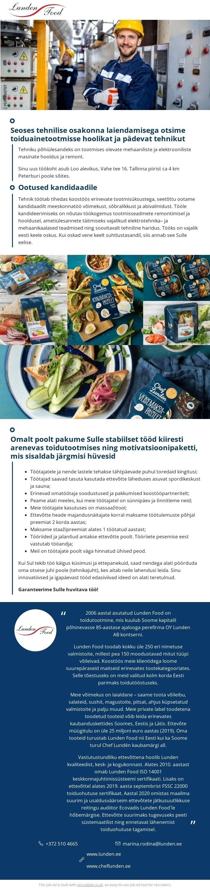 Lunden Food OÜ Hooldustehnik
