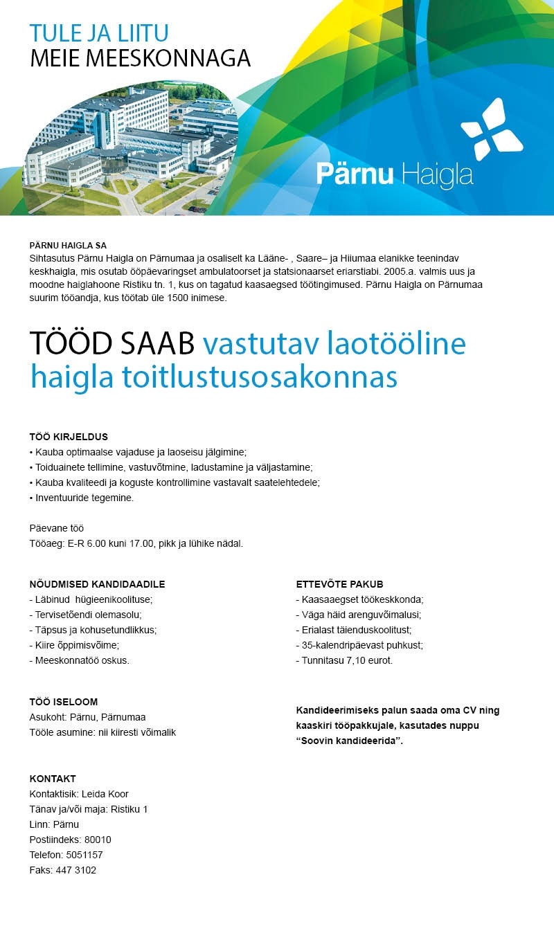 Pärnu Haigla SA Laotööline haigla toitlustusosakonnas