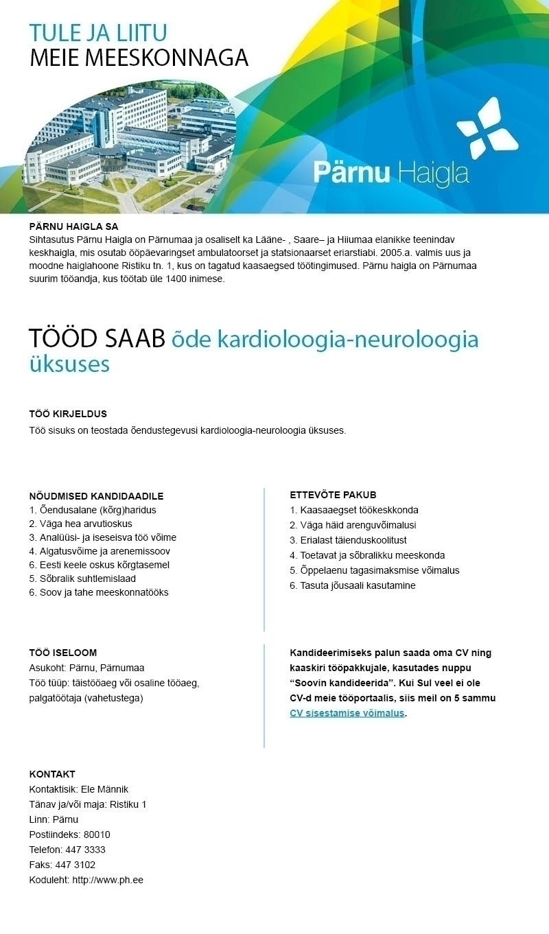 Pärnu Haigla SA Õde kardioloogia-neuroloogiaüksuses