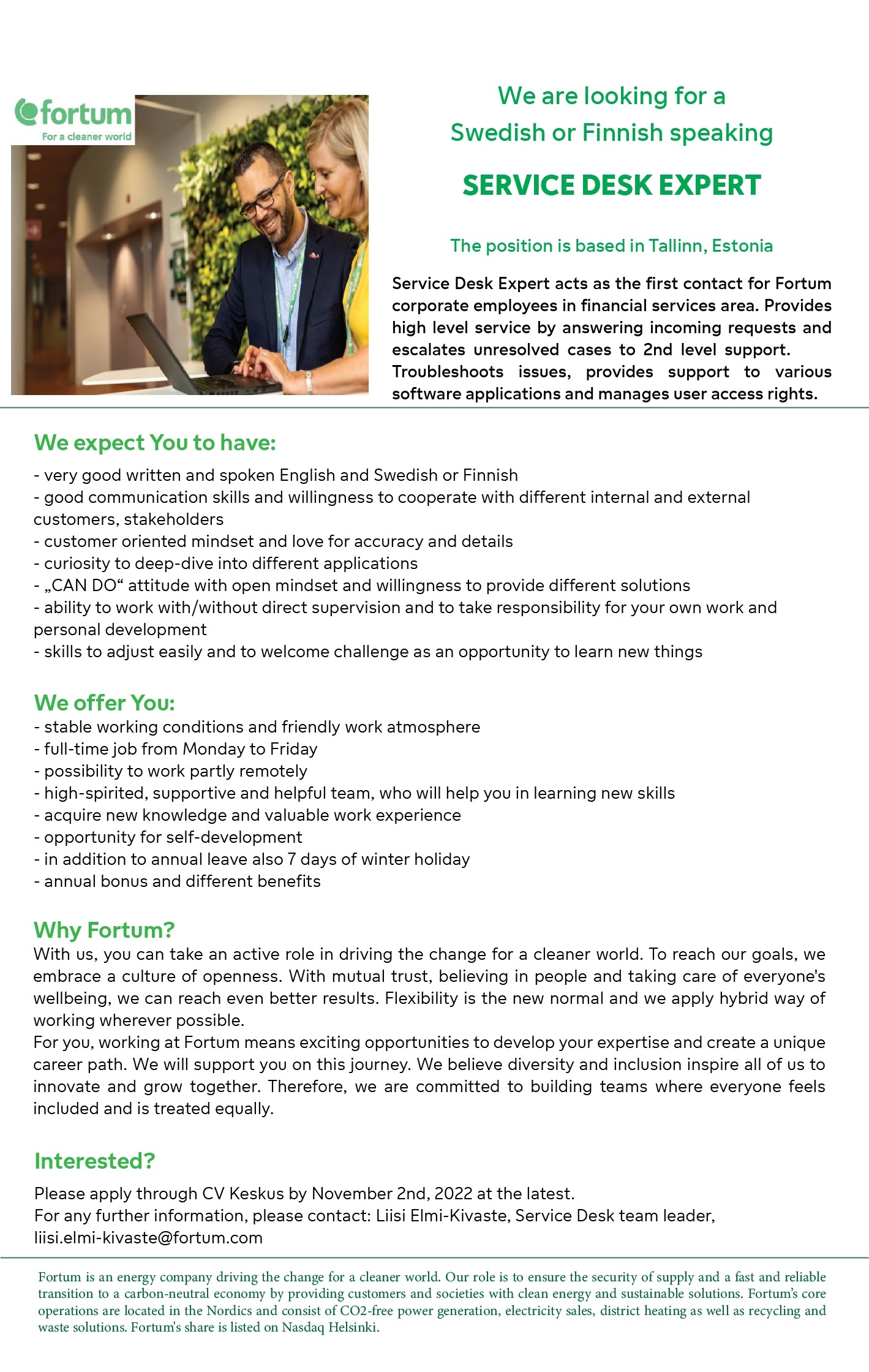 FORTUM CFS EESTI OÜ SERVICE DESK EXPERT