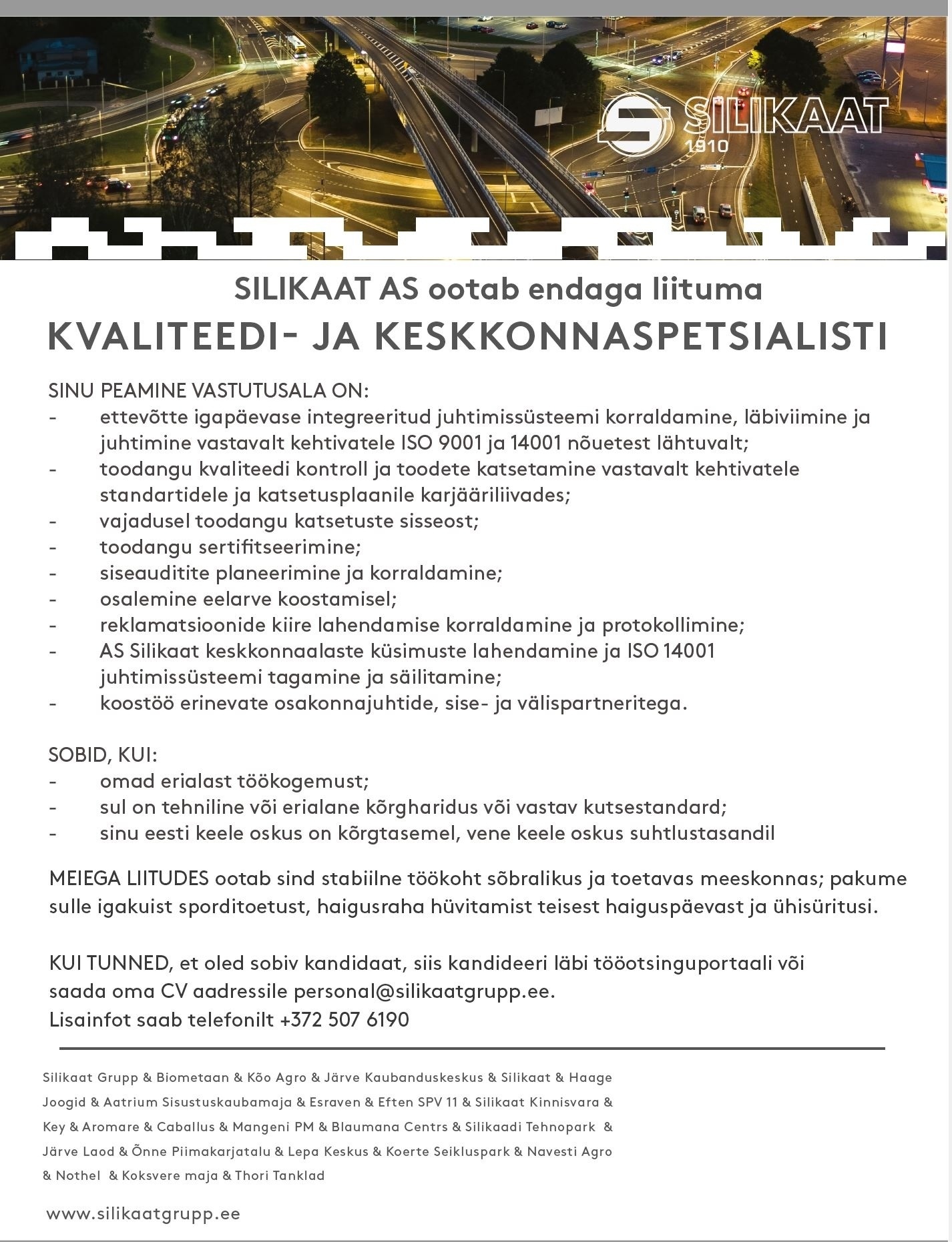 Silikaat AS Kvaliteedi- ja keskkonnaspetsialist