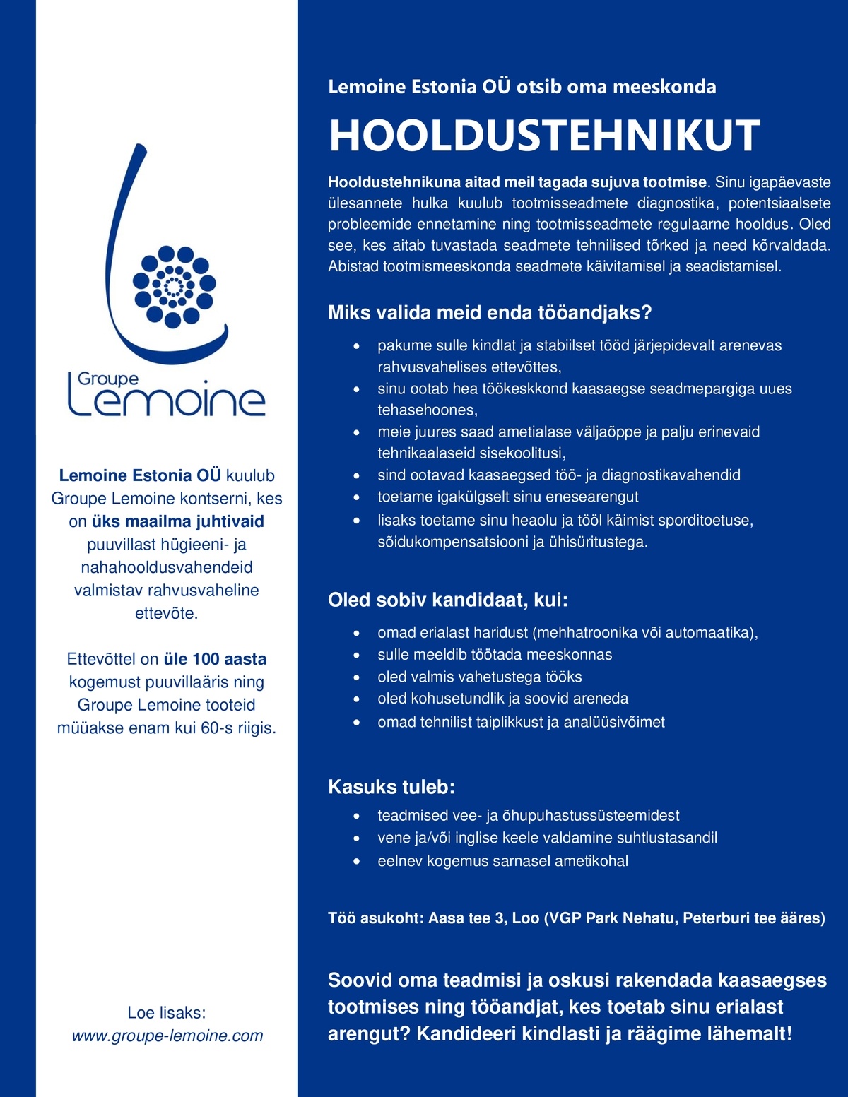 LEMOINE ESTONIA OÜ Hooldustehnik