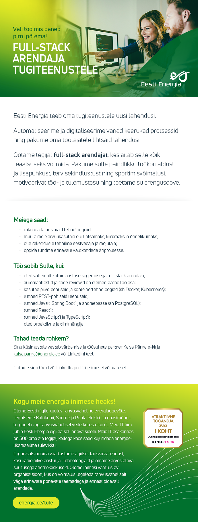 Eesti Energia AS FULL-STACK ARENDAJA TUGITEENUSTELE