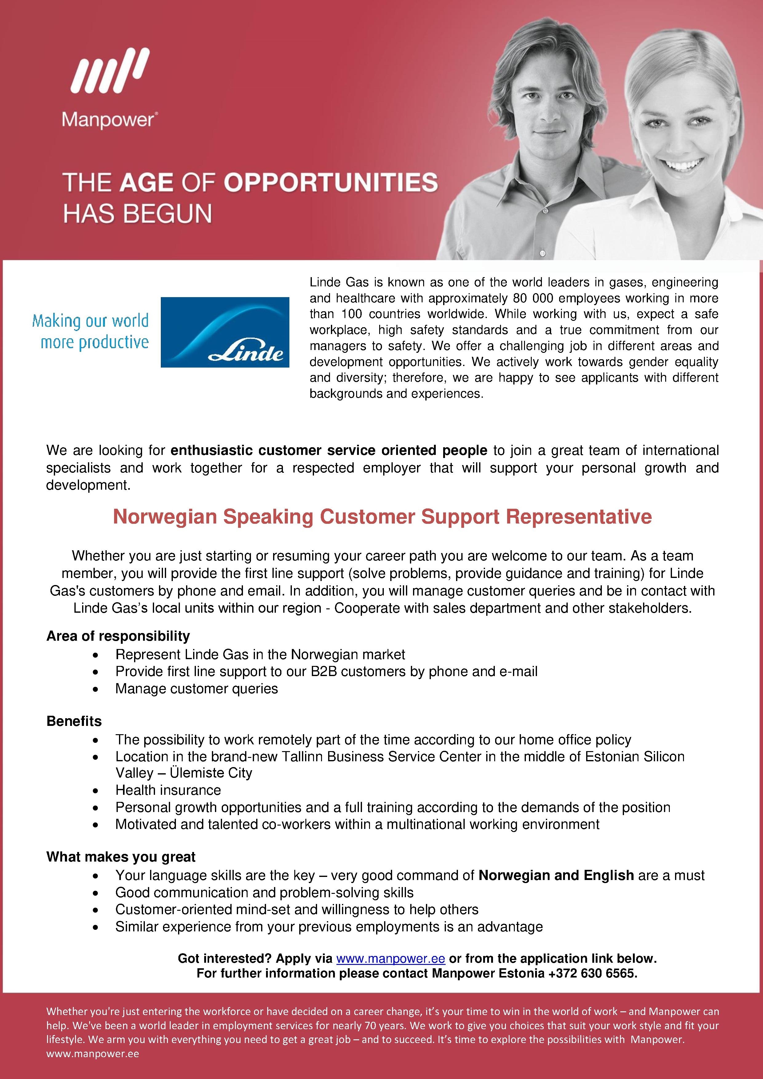 Manpower OÜ NORWEGIAN SPEAKING CUSTOMER SUPPORT REPRESENTATIVE