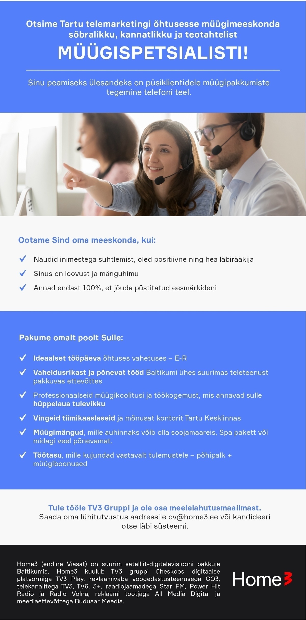 CV Keskus tööpakkumine Õhtune vahetus! Oled suhtleja? Tule TV3 Gruppi