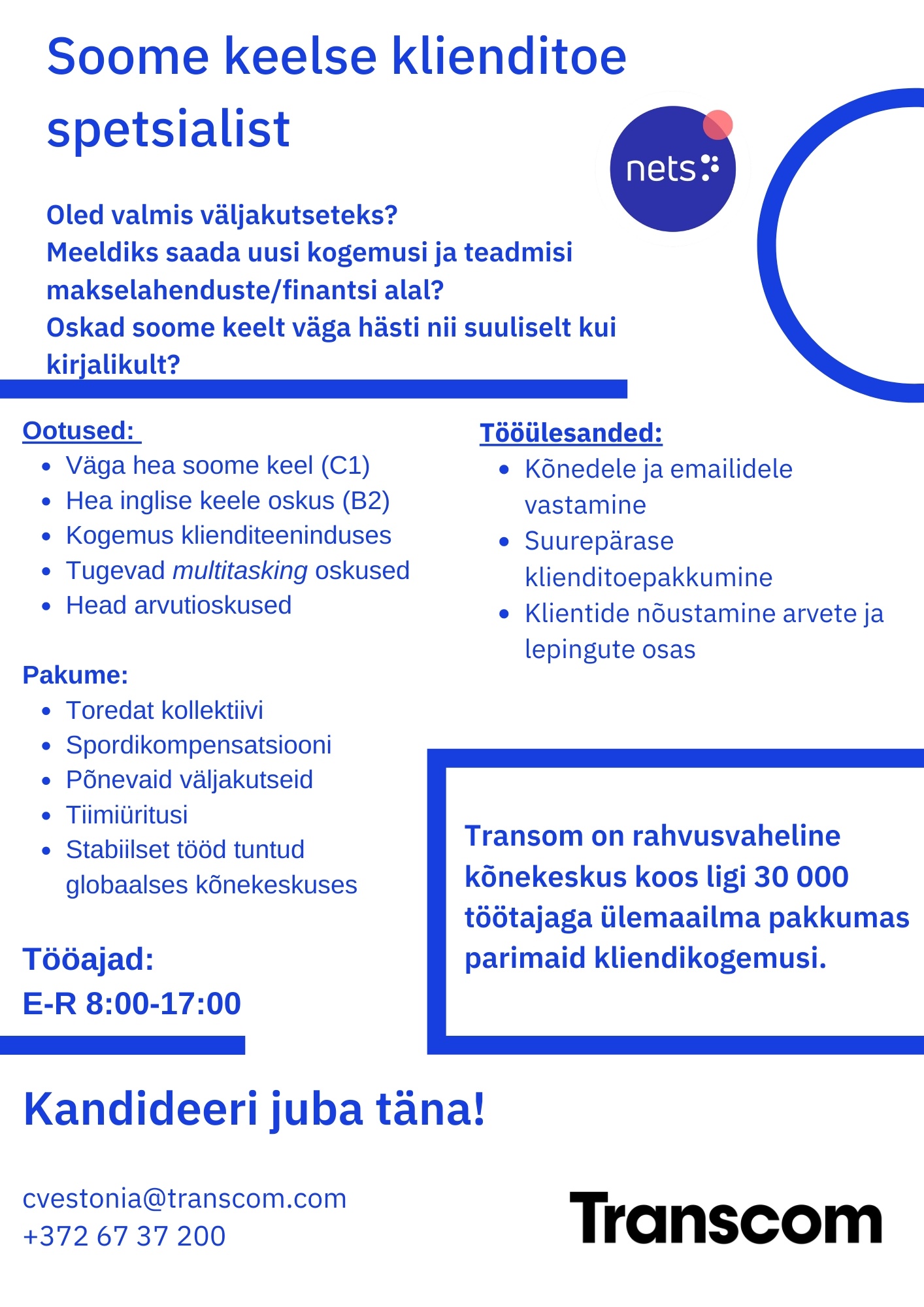 Transcom Eesti OÜ Soome keele oskusega klienditoe spetsialist