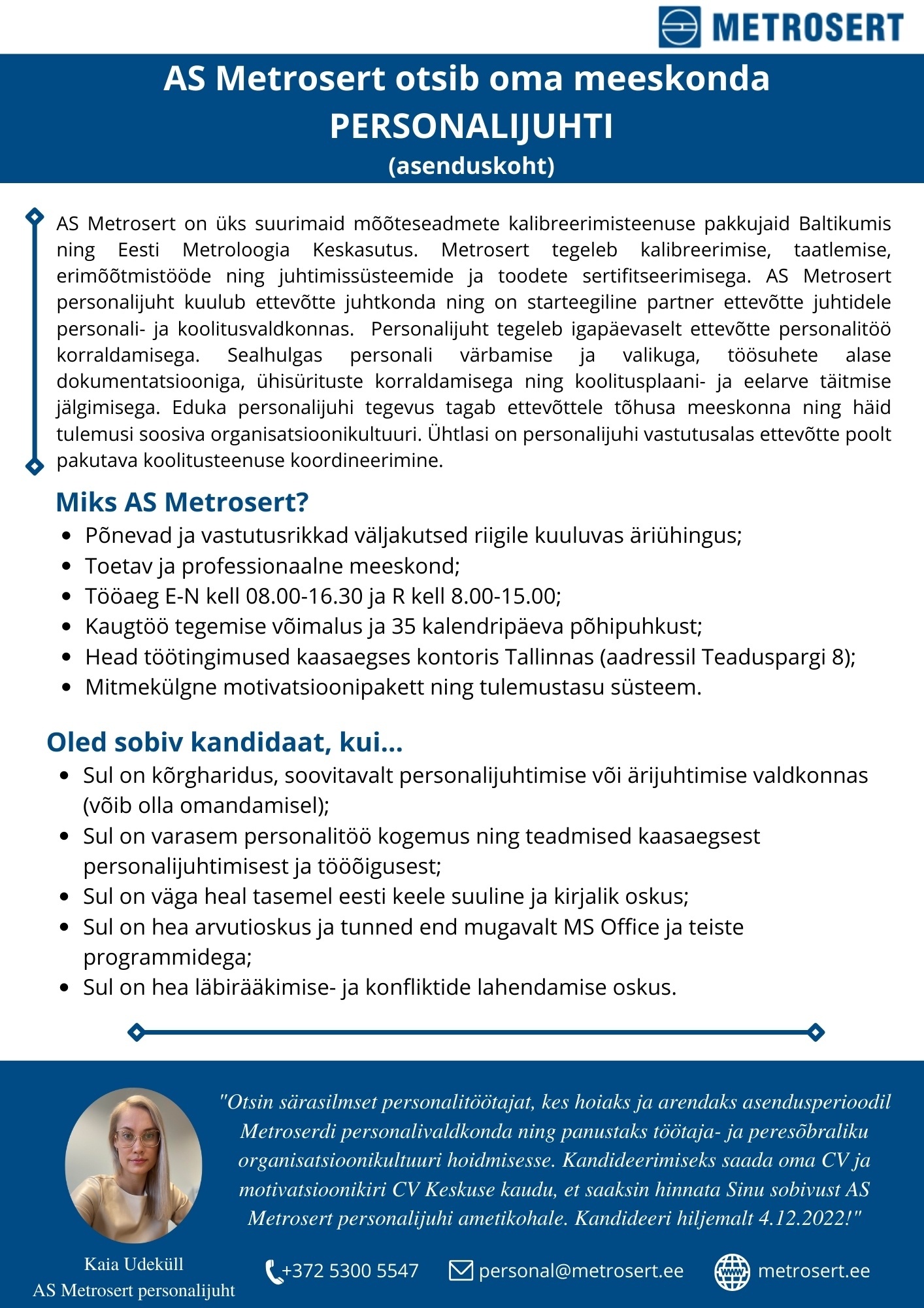 Metrosert AS Personalijuht (asenduskoht)