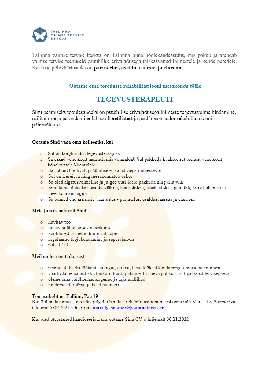 Tallinna Vaimse Tervise Keskus Tegevusterapeut
