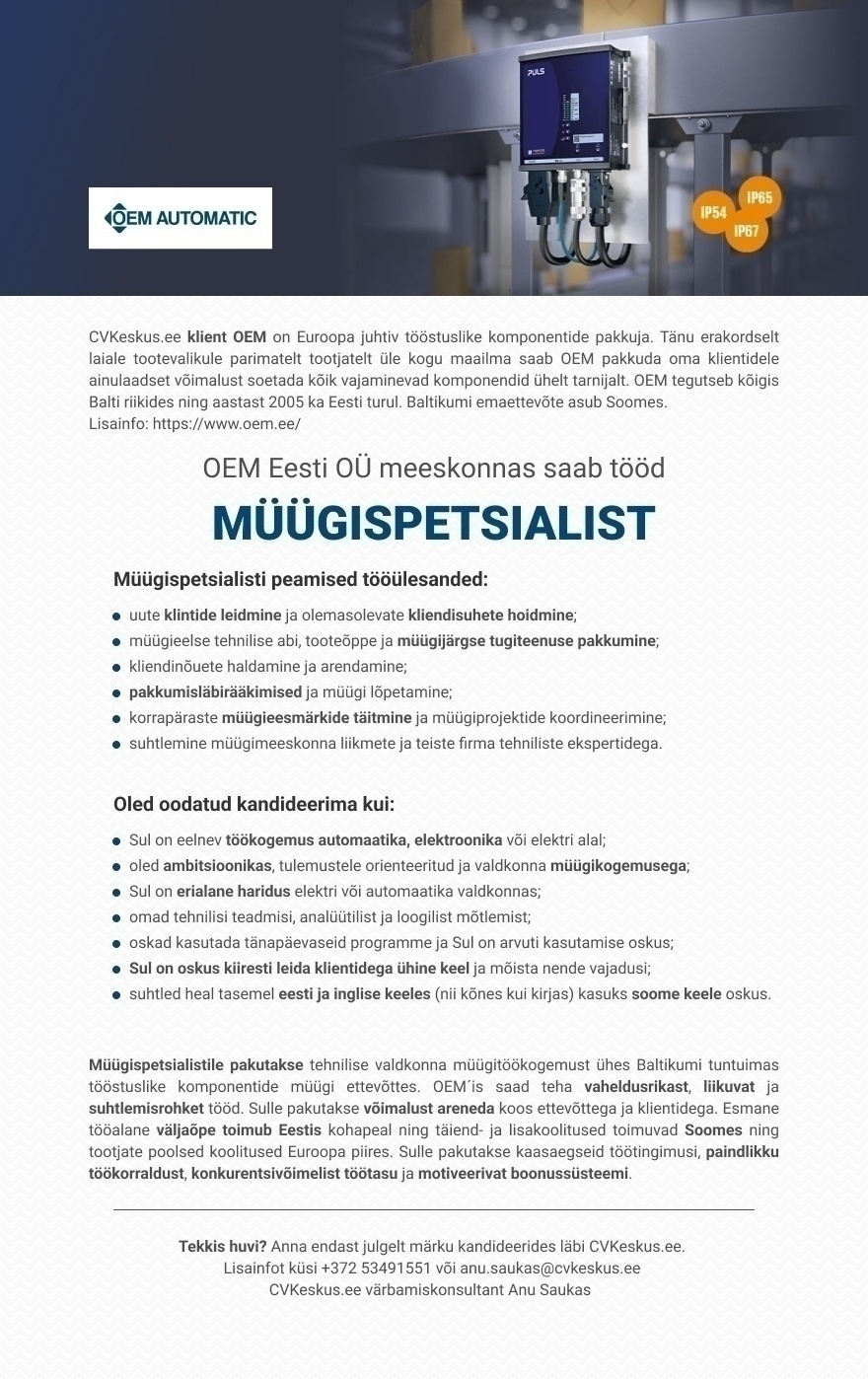 CVKeskus.ee klient MÜÜGISPETSIALIST (elektroonika valdkonnas)