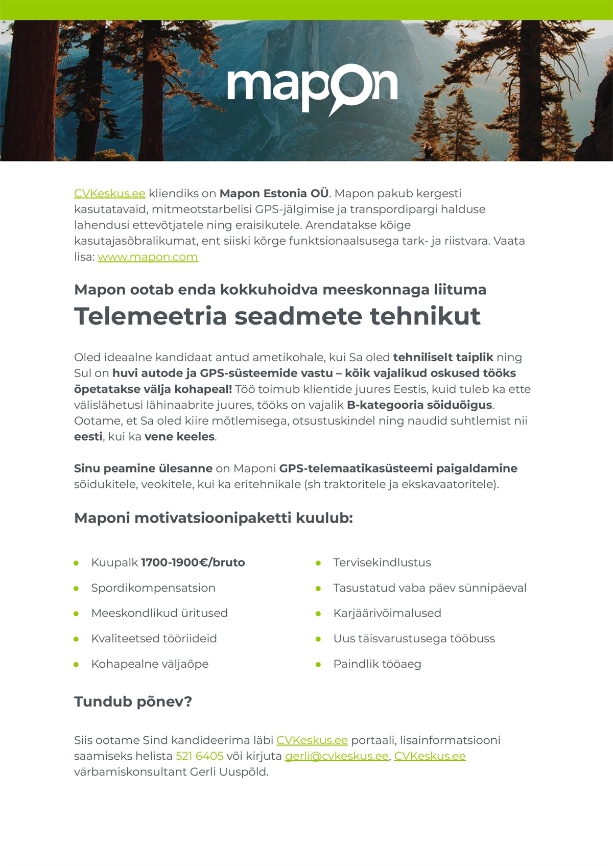 Mapon Estonia OÜ TELEMEETRIA SEADMETE TEHNIK