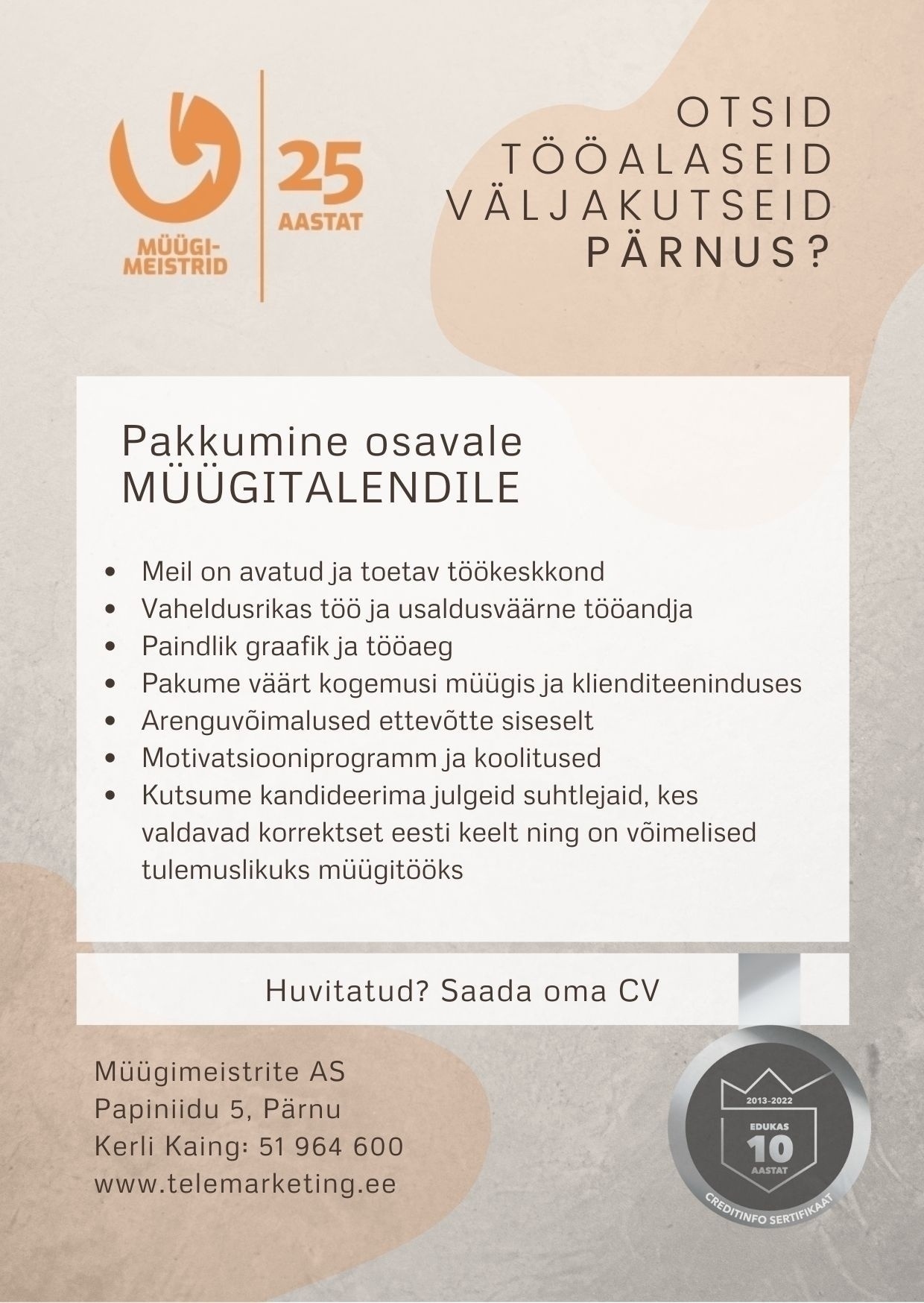 CVKeskus.ee klient Müügikonsultant Pärnu Sillakeskuse kontorisse