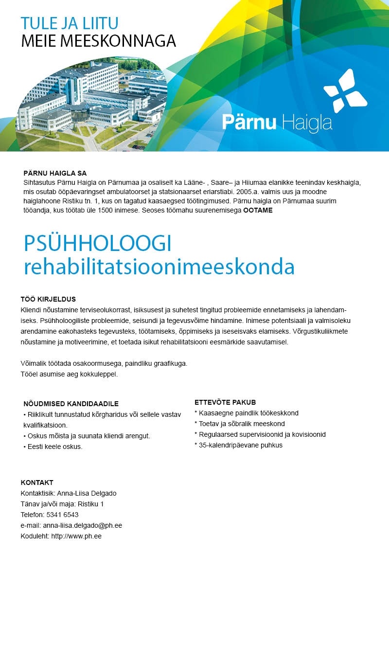 Pärnu Haigla SA Psühholoog rehabilitatsioonimeeskonnas