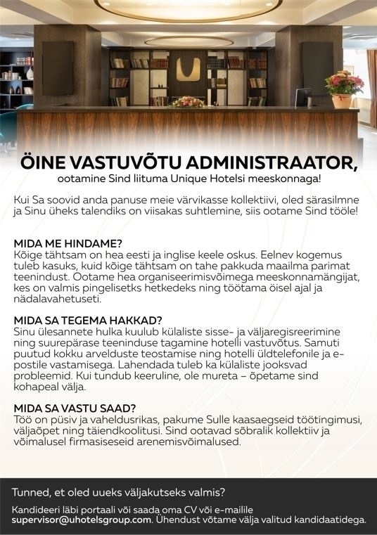 Unique Hotels Group Öine vastuvõtuadministraator Kreutzwald Hotell Tallinnas