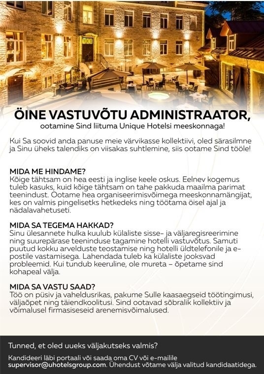 Unique Hotels Group Öine vastuvõtuadministraator von Stackelberg Hotell Tallinnas