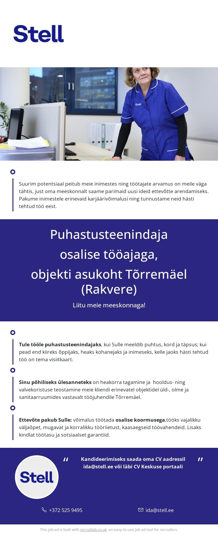Stell Eesti AS Puhastusteenindaja osalise tööajaga, objekti asukoht Tõrremäel (Rakvere)