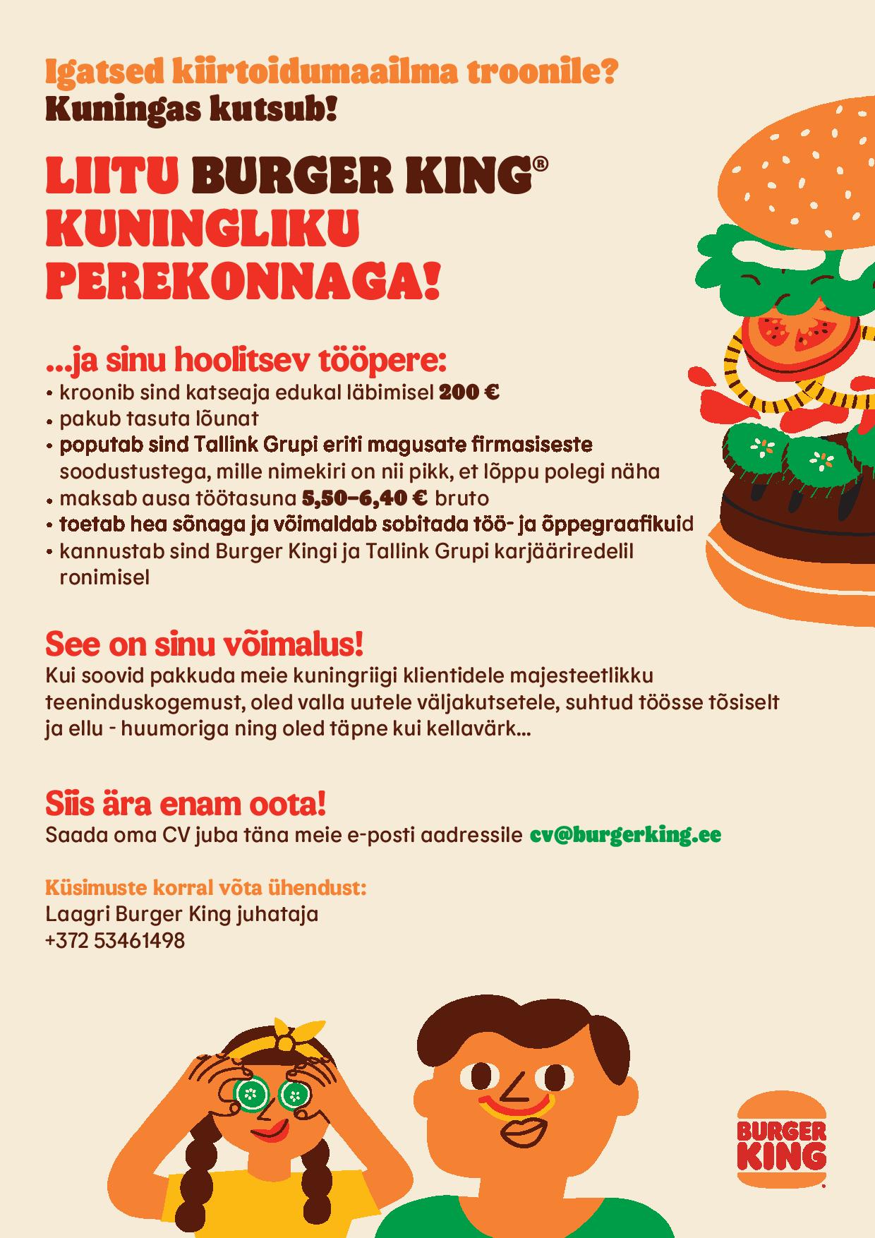 CVKeskus.ee klient KLIENDITEENINDAJA Laagri Burger King restorani