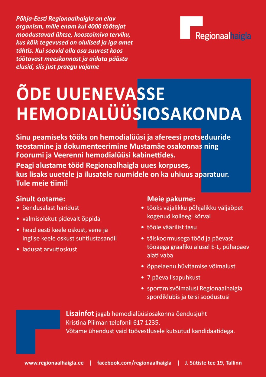 Põhja-Eesti Regionaalhaigla Õde uuenevasse hemodialüüsiosakonda