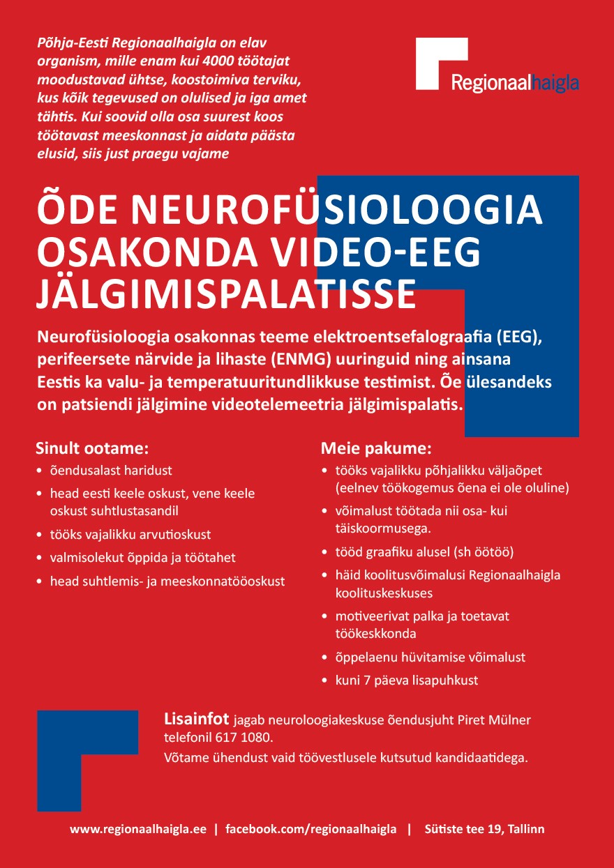 Põhja-Eesti Regionaalhaigla Õde neurofüsioloogia osakonda video-EEG jälgimispalatisse