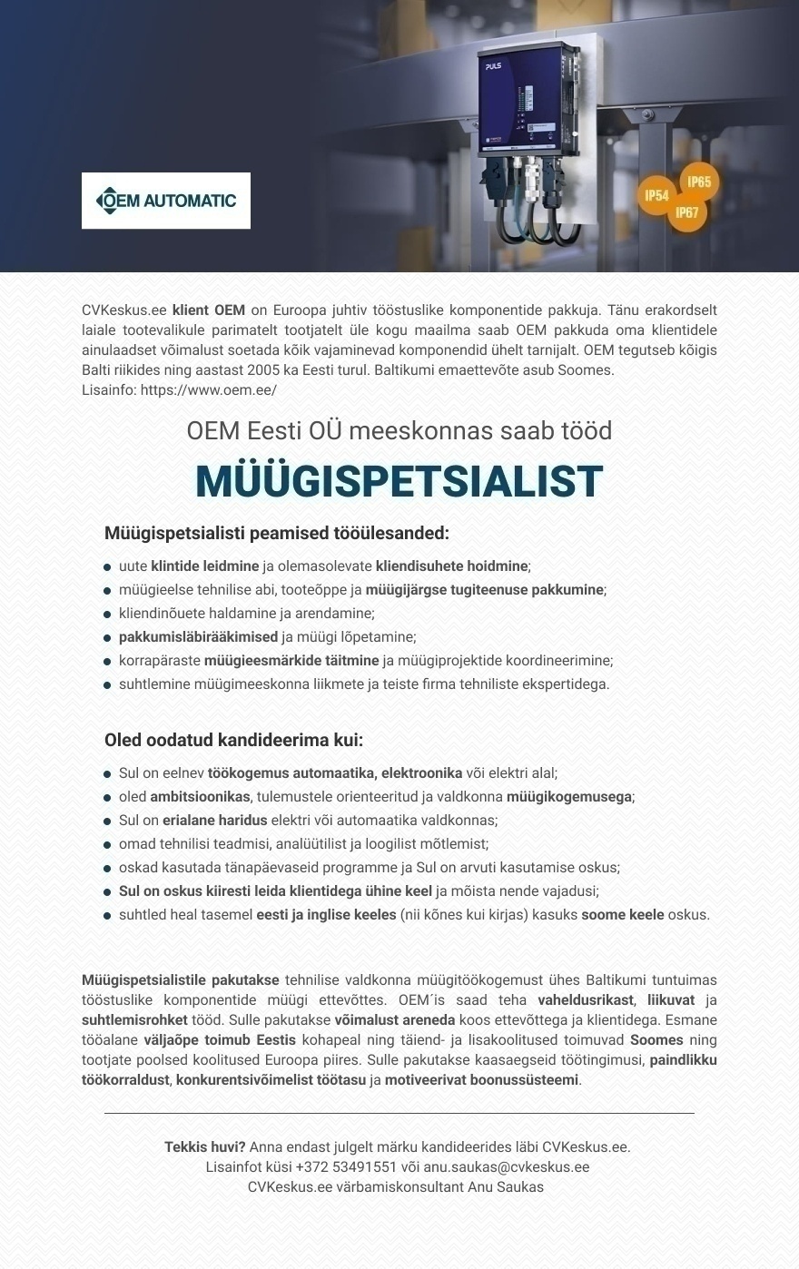 OEM Eesti OÜ MÜÜGISPETSIALIST (elektroonika valdkonnas)