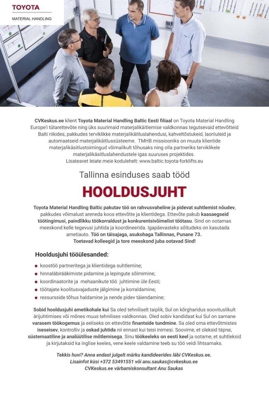 Toyota Material Handling Baltic Eesti filiaal  HOOLDUSJUHT