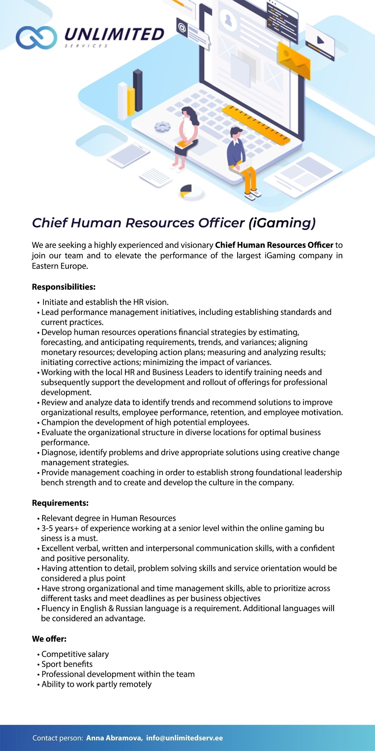 Unlimited Services OÜ Chief Human Resources Officer (iGaming)