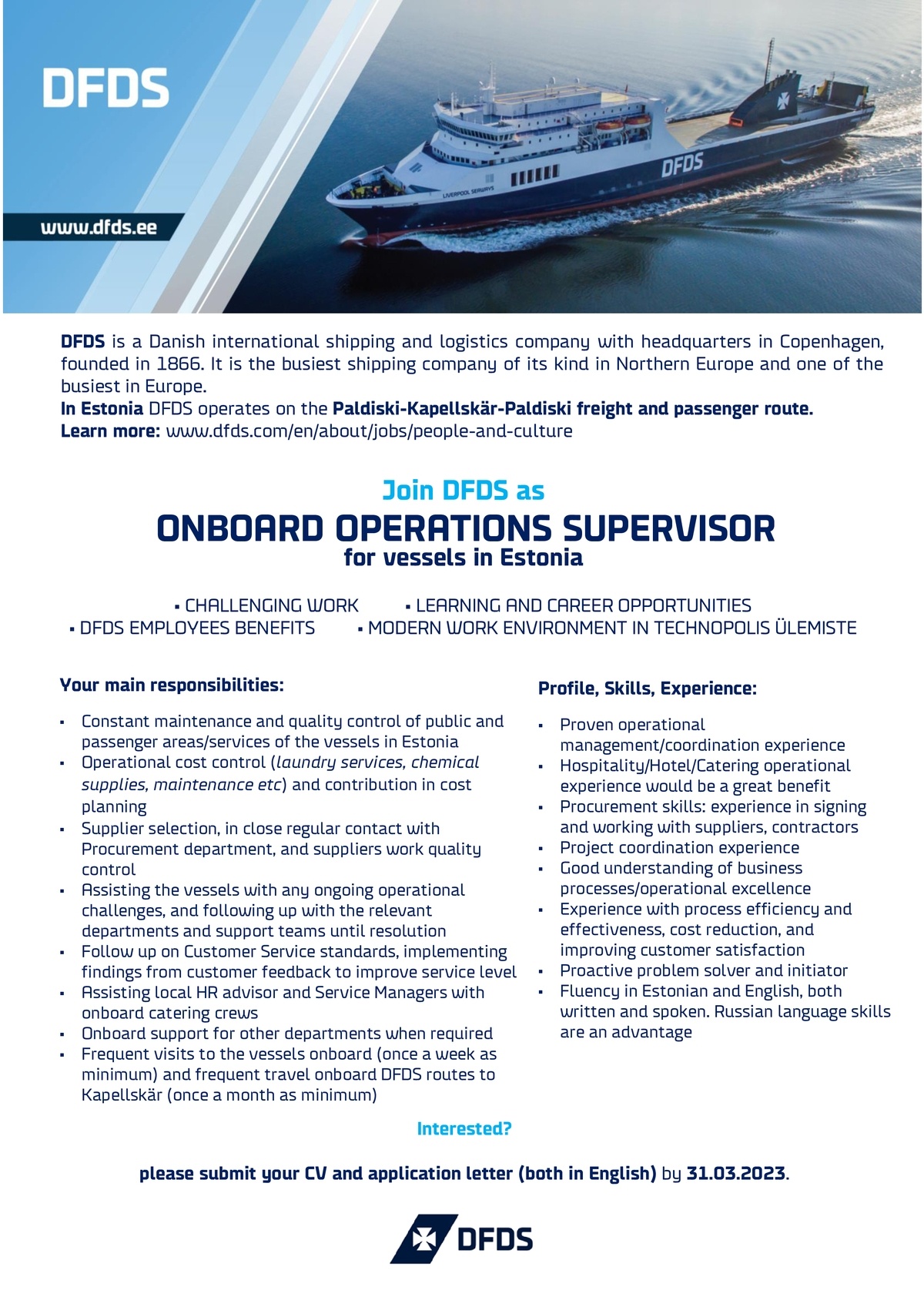 DFDS A/S Eesti Filiaal Onboard Operations Supervisor