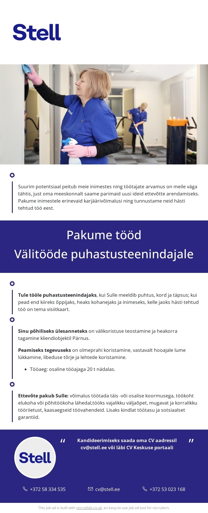 Stell Eesti AS Välitööde puhastusteenindaja Pärnu linna