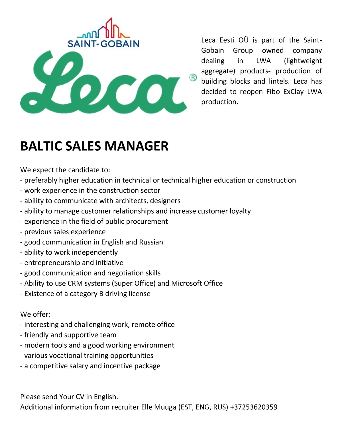 Leca Eesti OÜ (SAINT-GOBAIN) LWA Baltic Sales Manager