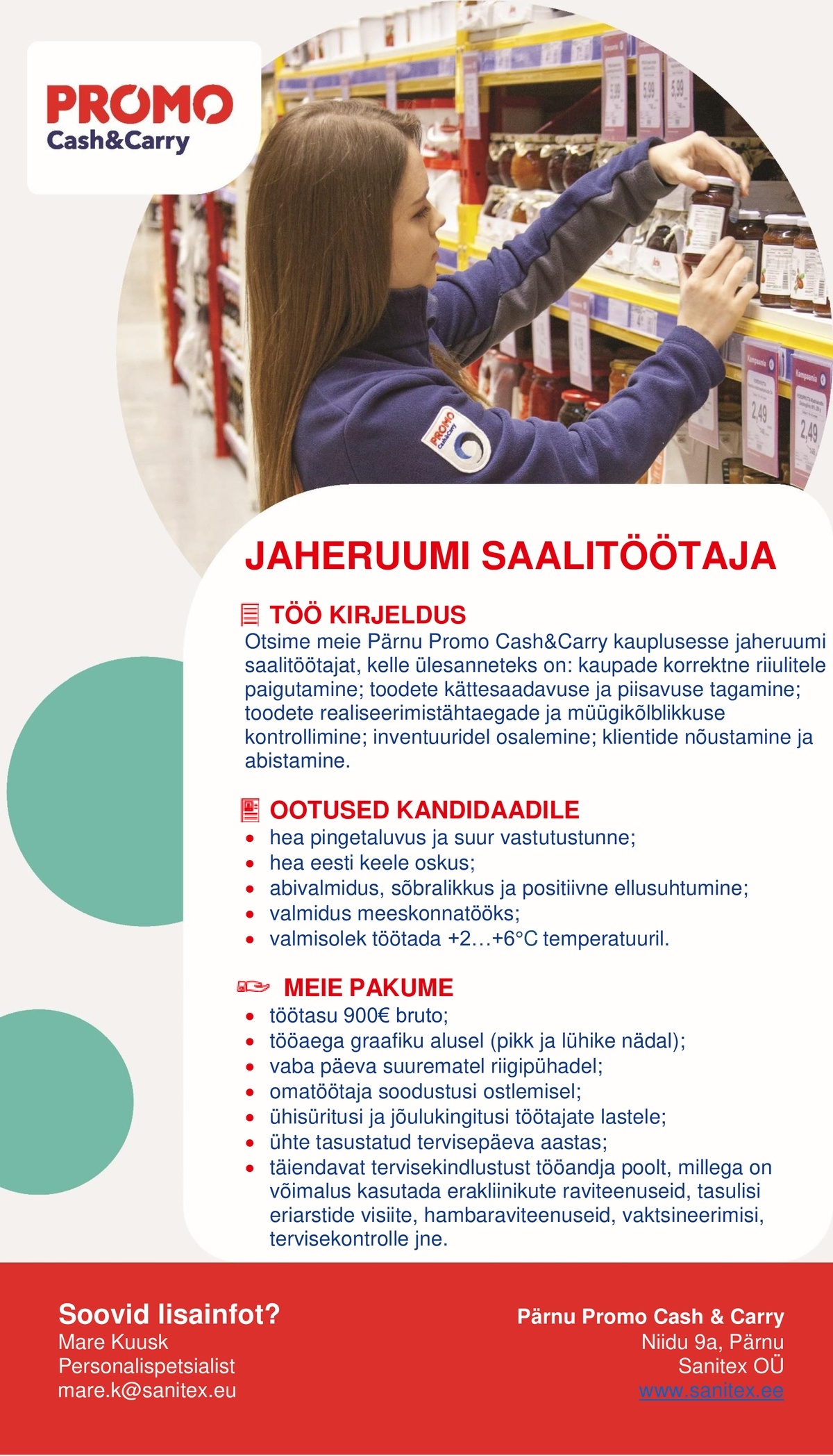 Sanitex OÜ Jaheruumi saalitöötaja Pärnu Promo Cash&Carry hulgikaupluses