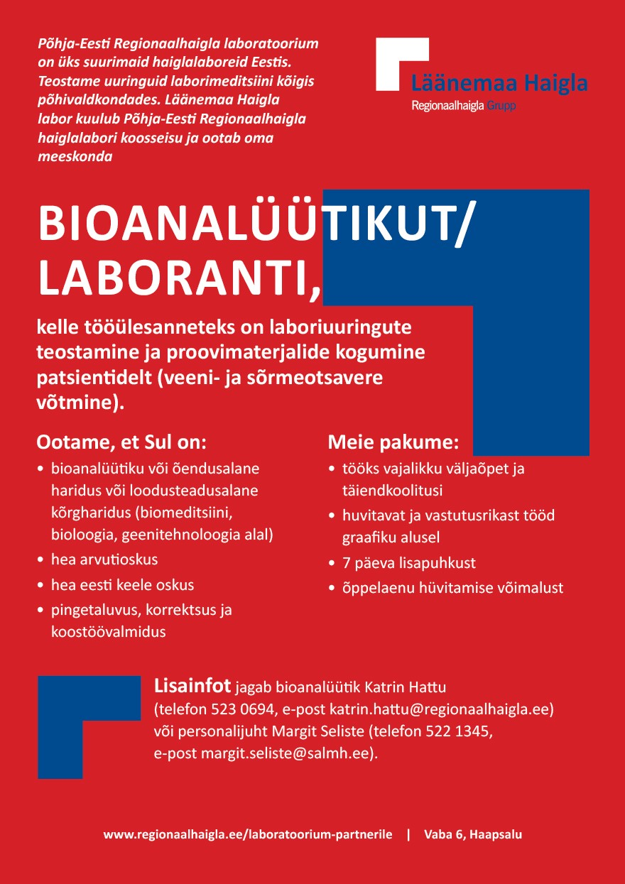 Põhja-Eesti Regionaalhaigla Bioanalüütik/laborant Läänemaa Haigla laborisse