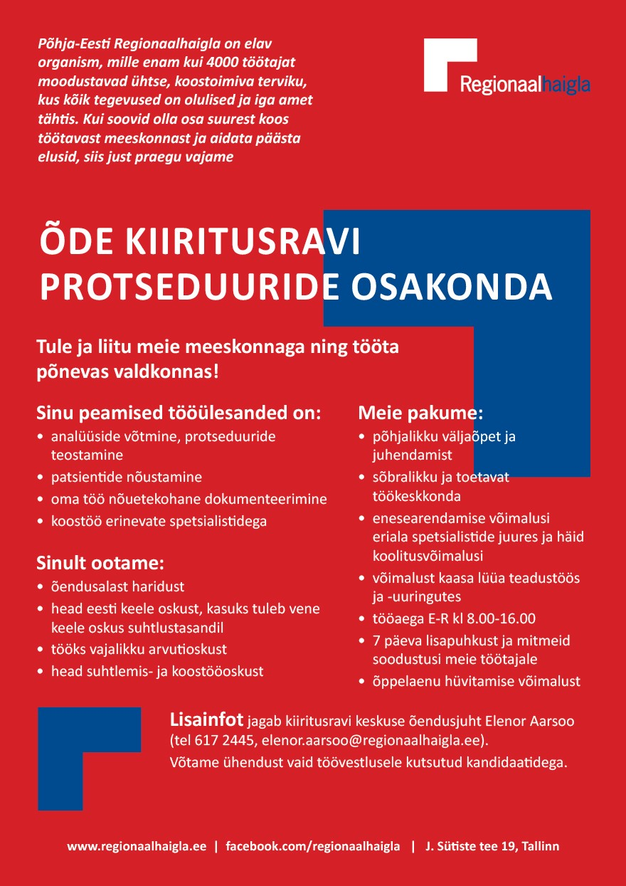 Põhja-Eesti Regionaalhaigla Õde kiiritusravi protseduuride osakonda