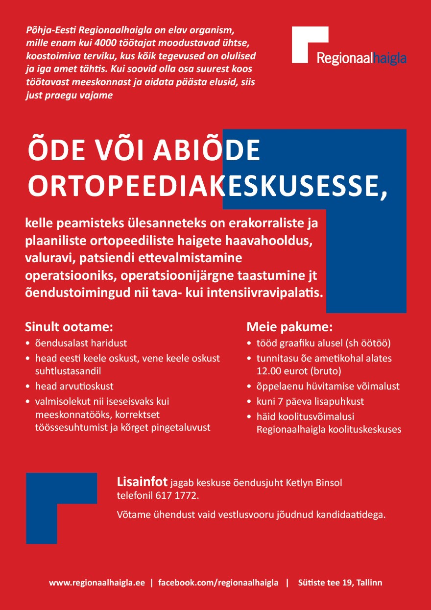 Põhja-Eesti Regionaalhaigla Õde või abiõde ortopeediakeskusesse