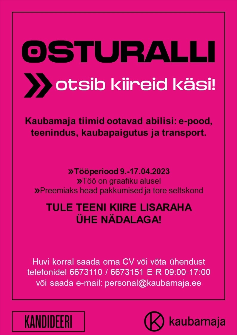 CVKeskus.ee klient TÖÖAMPS - Kaubamaja Osturalli 9.-17.04. E-pood, teenindus, kaubapaigutus, transport.