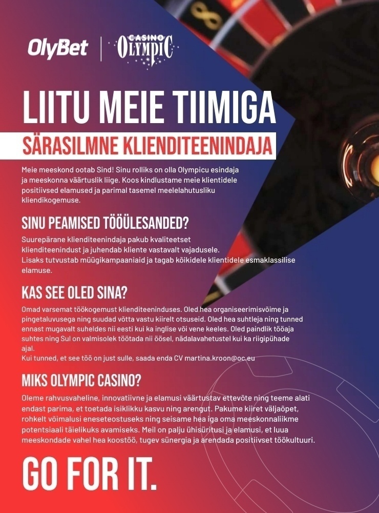 OLYMPIC ENTERTAINMENT GROUP AS Liitu Olympic Casino Pärnu Meeskonnaga! (Tähtajaline)