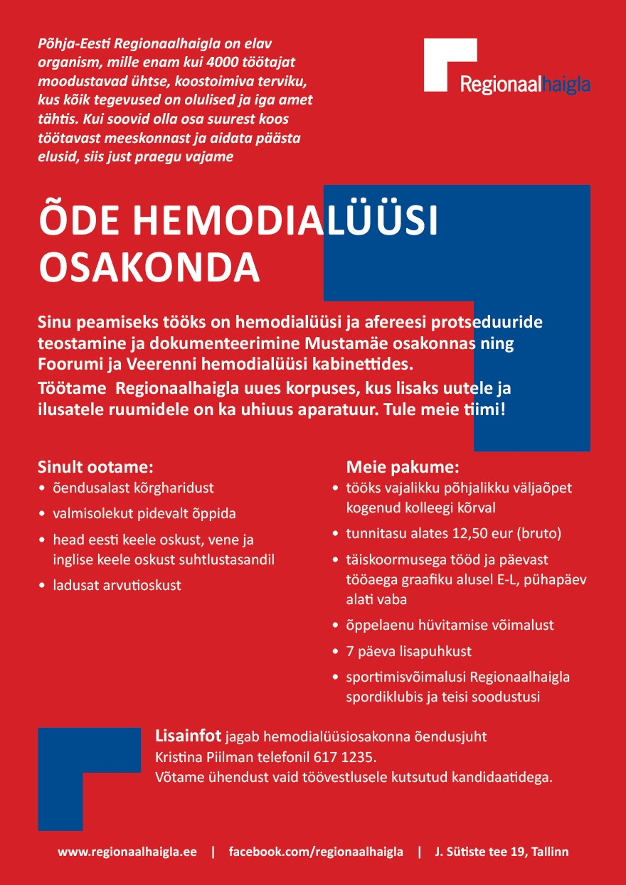 Põhja-Eesti Regionaalhaigla Õde hemodialüüsiosakonda