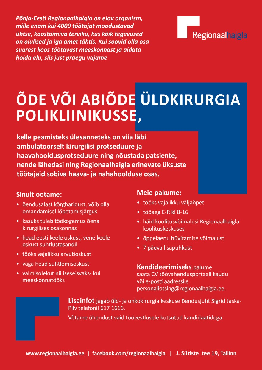 Põhja-Eesti Regionaalhaigla Õde või abiõde üldkirurgia polikliinikusse