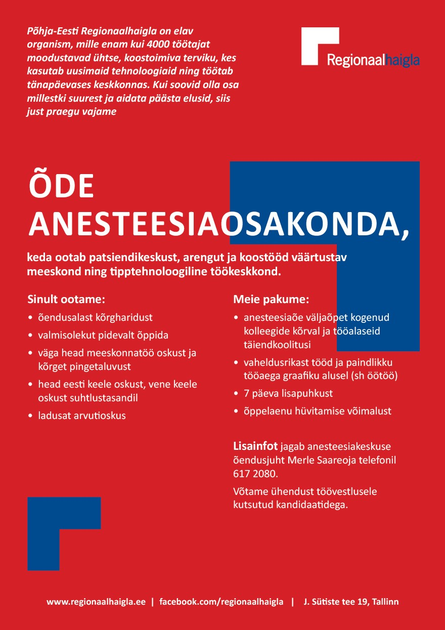 Põhja-Eesti Regionaalhaigla Õde anesteesiaosakonda