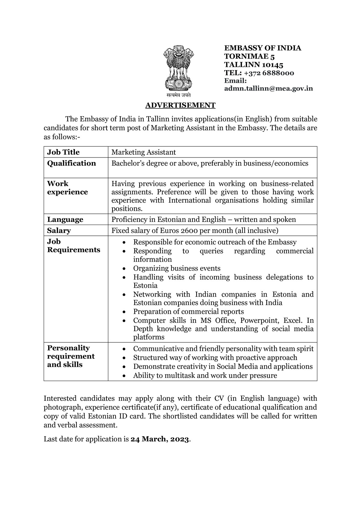 Embassy of India Marketing assistant