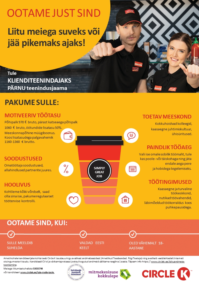 Circle K Eesti AS Müüja-klienditeenindaja suveks Pärnu teenindusjaamadesse