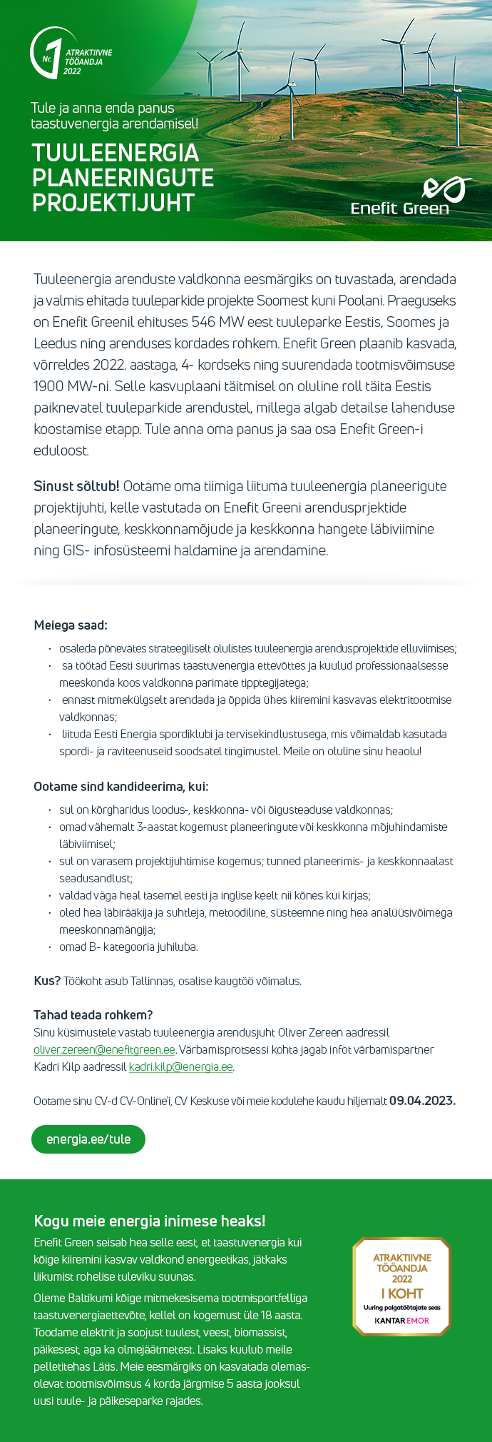 Eesti Energia AS TUULEENERGIA PLANEERINGUTE PROJEKTIJUHT