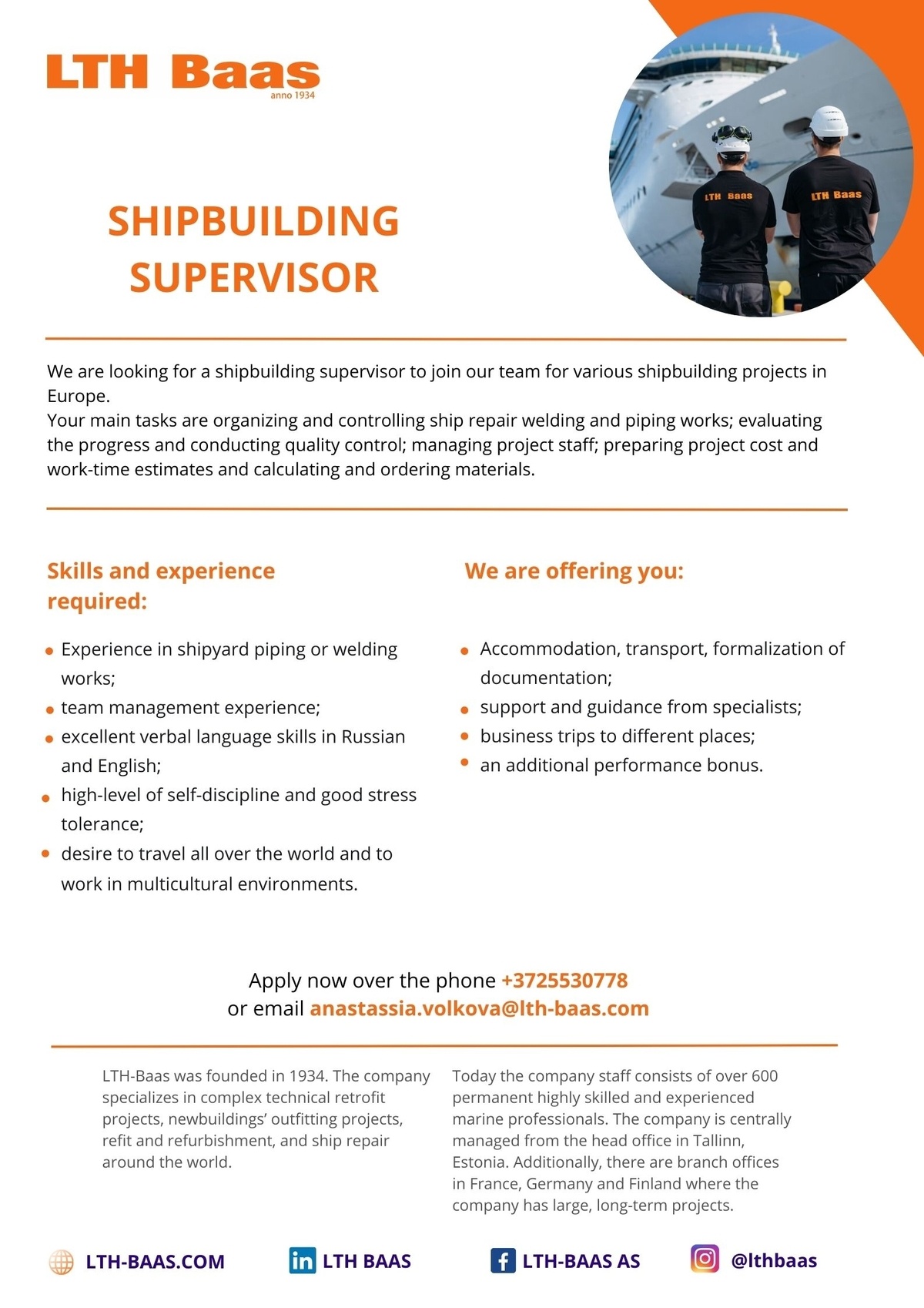 LTH-Baas AS SHIPBUILDING SUPERVISOR (PIPING, WELDING, STEEL WORKS)
