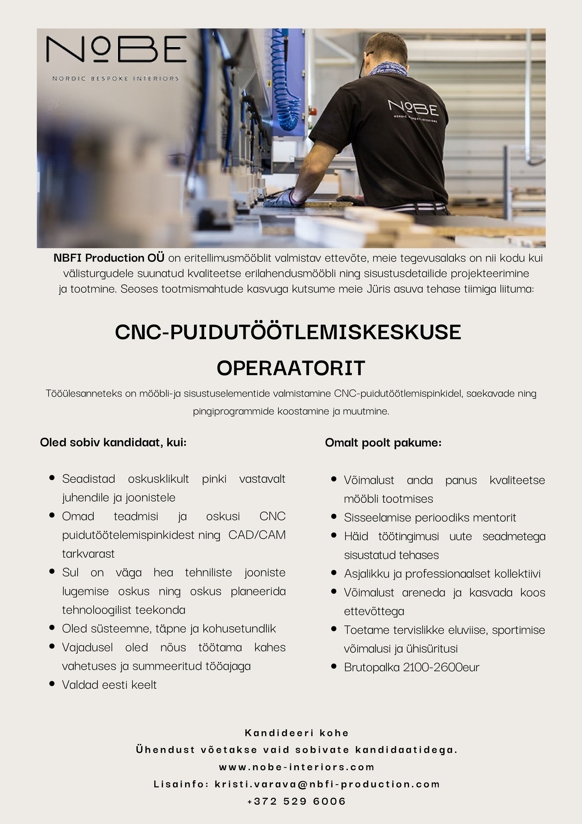 NBFI Production OÜ CNC-puidutöötlemiskeskuse operaator